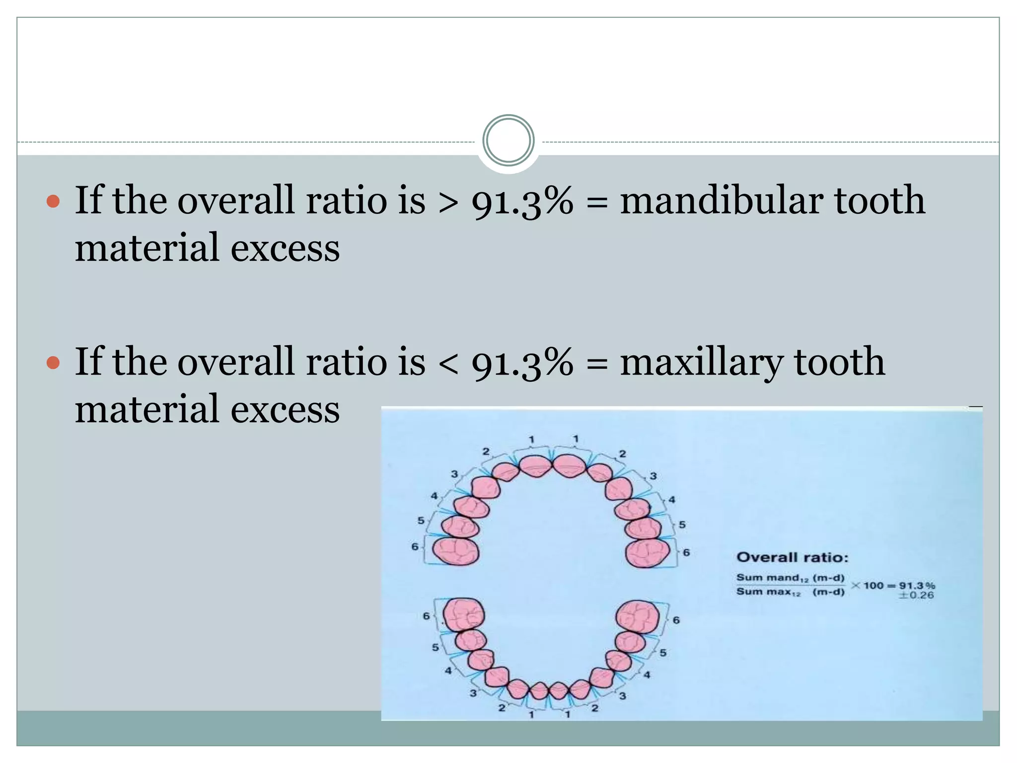  If the overall ratio is > 91.3% = mandibular tooth
material excess
 If the overall ratio is < 91.3% = maxillary tooth
material excess
 