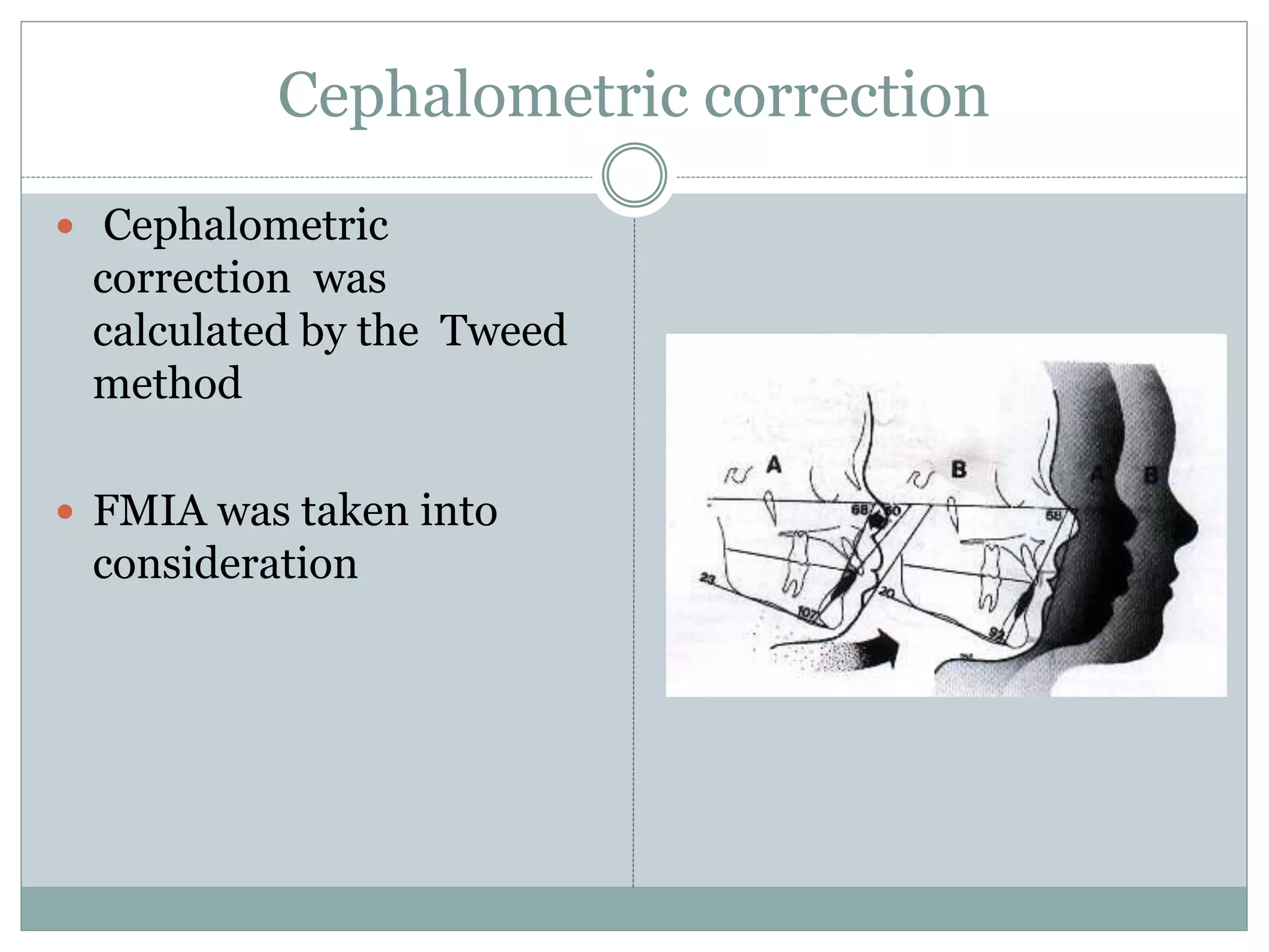 Cephalometric correction
 Cephalometric
correction was
calculated by the Tweed
method
 FMIA was taken into
consideration
 