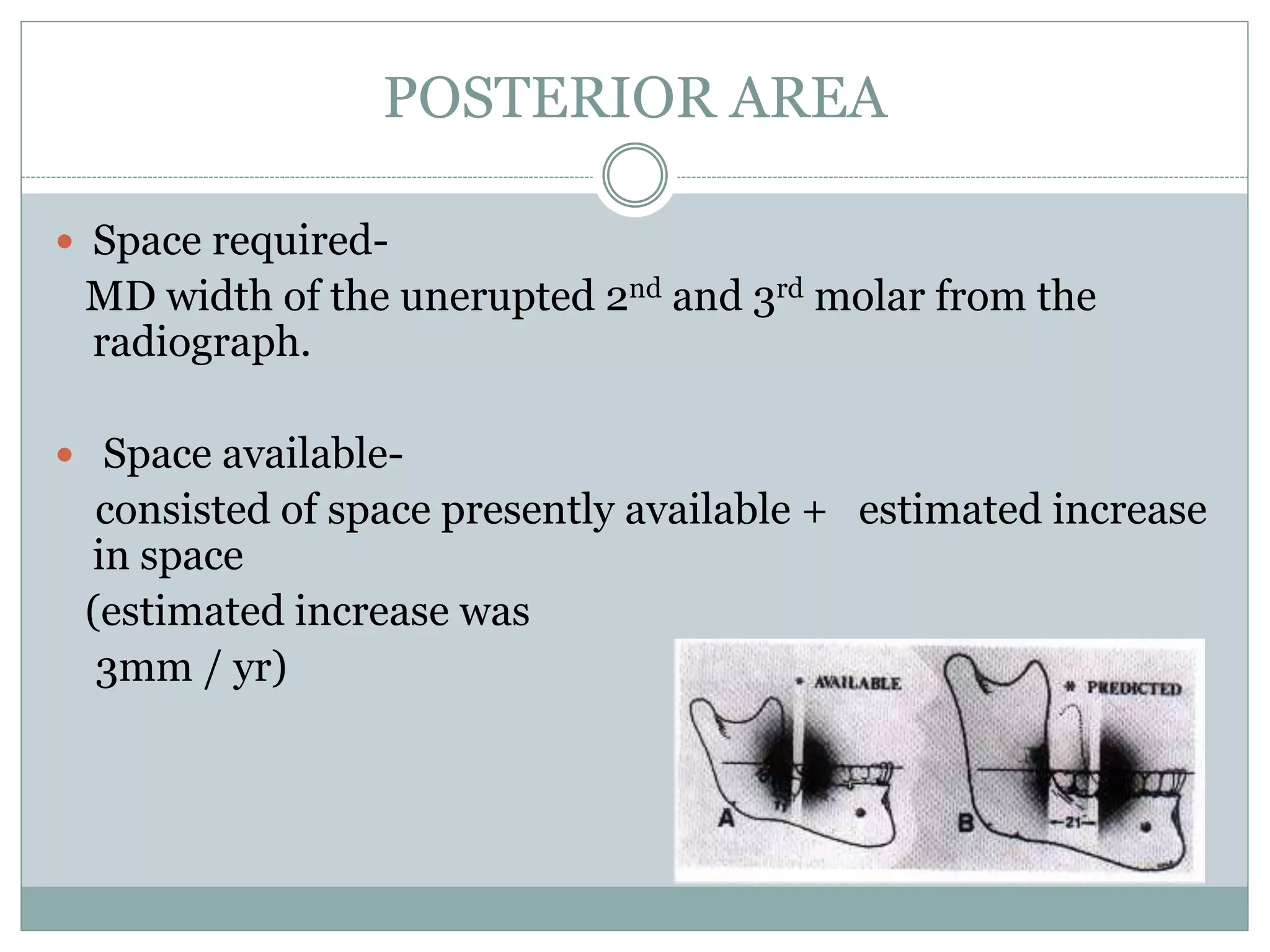 POSTERIOR AREA
 Space required-
MD width of the unerupted 2nd and 3rd molar from the
radiograph.
 Space available-
consisted of space presently available + estimated increase
in space
(estimated increase was
3mm / yr)
 