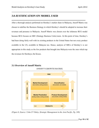 Model Analysis on Hershey’s Case Study                                                      April, 2012

_________________________________________________________________________________________________________

3.0 JUSTIFICATION ON MODEL USED
____________________________________________________________________________
After a thorough analysis performed on Hershey’s market share in Malaysia, Ansoff Matrix was

chosen to redefine the Business Strategy in which Hershey’s should be adopted to increase their

revenues and presence in Malaysia. Ansoff Matrix was chosen over the infamous BCG model

because BCG focuses on SBU (Strategy Business Units) more. At this point of time, Hershey’s

had been doing fairly well with its existing products in the United States but not every product

available in the US, available in Malaysia too. Hence, analysis of SBUs of Hershey’s is not

appropriate in this study as the few products that brought into Malaysia were the ones which top

the revenues for Hersheys; the Kisses.




3.1 Overview of Ansoff Matrix
                                  ANSOFF’S GROWTH MATRIX




(Figure 6, Source: Usha CV Haley, Strategic Management in the Asia Pacific, Pg. 249)


_____________________________________________________________________________________________Page 18 of 42
 