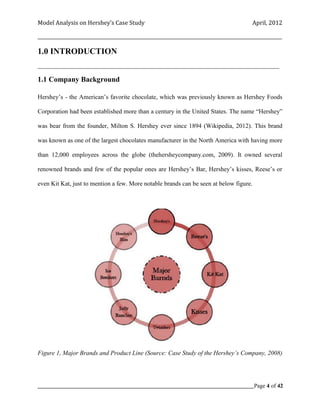 Model Analysis on Hershey’s Case Study                                                      April, 2012

_________________________________________________________________________________________________________

1.0 INTRODUCTION
____________________________________________________________________________________

1.1 Company Background

Hershey’s - the American’s favorite chocolate, which was previously known as Hershey Foods

Corporation had been established more than a century in the United States. The name “Hershey”

was bear from the founder, Milton S. Hershey ever since 1894 (Wikipedia, 2012). This brand

was known as one of the largest chocolates manufacturer in the North America with having more

than 12,000 employees across the globe (thehersheycompany.com, 2009). It owned several

renowned brands and few of the popular ones are Hershey’s Bar, Hershey’s kisses, Reese’s or

even Kit Kat, just to mention a few. More notable brands can be seen at below figure.




Figure 1, Major Brands and Product Line (Source: Case Study of the Hershey’s Company, 2008)




_____________________________________________________________________________________________Page 4 of 42
 
