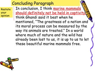 Concluding Paragraph
Restate    In conclusion, I think marine mammals
your       should definitely not be held in captivity. I
opinion
           think Ghandi said it best when he
           mentioned, “The greatness of a nation and
           its moral process can be measured by the
           way its animals are treated.” In a world
           where much of nature and the wild has
           already been lost to us, it is up to us to let
           these beautiful marine mammals free.
 