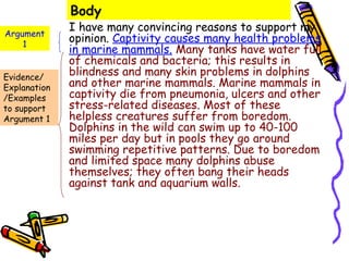 Body
Argument
              I have many convincing reasons to support my
    1
              opinion. Captivity causes many health problems
              in marine mammals. Many tanks have water full
              of chemicals and bacteria; this results in
Evidence/
              blindness and many skin problems in dolphins
Explanation   and other marine mammals. Marine mammals in
/Examples     captivity die from pneumonia, ulcers and other
to support    stress-related diseases. Most of these
Argument 1    helpless creatures suffer from boredom.
              Dolphins in the wild can swim up to 40-100
              miles per day but in pools they go around
              swimming repetitive patterns. Due to boredom
              and limited space many dolphins abuse
              themselves; they often bang their heads
              against tank and aquarium walls.
 