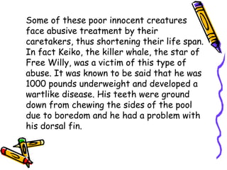 Some of these poor innocent creatures
face abusive treatment by their
caretakers, thus shortening their life span.
In fact Keiko, the killer whale, the star of
Free Willy, was a victim of this type of
abuse. It was known to be said that he was
1000 pounds underweight and developed a
wartlike disease. His teeth were ground
down from chewing the sides of the pool
due to boredom and he had a problem with
his dorsal fin.
 