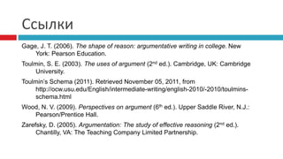 Ссылки
Gage, J. T. (2006). The shape of reason: argumentative writing in college. New
York: Pearson Education.
Toulmin, S. E. (2003). The uses of argument (2nd ed.). Cambridge, UK: Cambridge
University.
Toulmin’s Schema (2011). Retrieved November 05, 2011, from
http://ocw.usu.edu/English/intermediate-writing/english-2010/-2010/toulmins-
schema.html
Wood, N. V. (2009). Perspectives on argument (6th ed.). Upper Saddle River, N.J.:
Pearson/Prentice Hall.
Zarefsky, D. (2005). Argumentation: The study of effective reasoning (2nd ed.).
Chantilly, VA: The Teaching Company Limited Partnership.
 