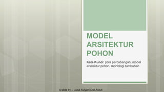 MODEL
ARSITEKTUR
POHON
Kata Kunci: pola percabangan, model
arsitektur pohon, morfologi tumbuhan
A slide by – Luluk Aviyani Dwi Astuti
 