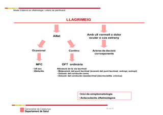 Model d’atenció en oftalmologia i criteris de planificació
36 de 41
LLAGRIMEIG
Arbres de decisió
corresponents
Amb ull vermell o dolor
ocular o cos estrany
Aïllat
Ocasional Continu
MFC OFT ordinària
• Inici de simptomatologia
• Antecedents oftalmològics
Afectació de la via lacrimal:
• Malposició del punt lacrimal (eversió del punt lacrimal, entropi, ectropi)
• Oclusió del conducte comú
• Oclusió del conducte nasolacrimal (dacriocistitis crònica)
• Ull sec
• Blefaritis
 