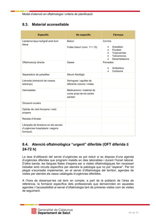 Model d’atenció en oftalmologia i criteris de planificació
40 de 41
8.3. Material aconsellable
Específic No específic Fàrmacs
Llanterna tipus bolígraf amb llum
blava
Bisturí
Fulles bisturí (núm. 11 i 15)
Col·liris:
Anestèsic
Fluotest
Tropicamida
Tobramicina
Dexametasona
Oftalmoscop directe Gases Pomades:
Antibiòtica
Cortisona
Separadors de parpelles Sèrum fisiològic
Llanceta (extracció de cossos
estranys)
Xeringues i agulles de
diferents volums i mides
Hemostetes Medicacions i material de
cures propi de tot centre
sanitari
Oclusors oculars
Optotip de visió llunyana i visió
propera
Reixeta d’Amsler
Làmpada de fenedura en els serveis
d’urgències hospitalaris i segons
formació.
8.4. Atenció oftalmològica “urgent” diferible (OFT diferida ≤
24-72 h)
La taxa d’utilització del servei d’urgències es pot reduir si es disposa d’una agenda
d’urgències diferides que programi malalts en dies laborables i durant l’horari laboral.
D’altra banda, les llargues llistes d’espera per a visites oftalmològiques fan necessari
treballar amb circuits específics per atendre la patologia que no pot ―esperar‖. Per tot
plegat s’aconsella implementar, en el servei d’oftalmologia del territori, agendes de
visites per atendre els casos catalogats d’urgències diferibles.
A l’hora de dissenyar-les cal tenir en compte, a part de la població de l’àrea de
referència, la formació específica dels professionals que deriven/citen en aquestes
agendes i l’accessibilitat al servei d’oftalmologia tant de primeres visites com de visites
de seguiment.
 