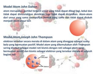 Model Atom John Dalton
atom merupakan partikel terkecil unsur yang tidak dapat dibagi lagi, kekal dan
tidak dapat dimusnah...