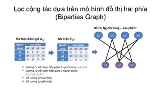 Lọc cộng tác dựa trên mô hình đồ thị hai phía
(Biparties Graph)
Ma trận 𝑿𝒊𝒋:Ma trận đánh giá 𝑹𝒊𝒋:
Đồ thị Người dùng – Sản phẩm:
p3p1 p2 p4
u3u1 u2
Người
dùng
Sản phẩm
p1 p2 p3 p4
u1 0 1 0 1
u2 0 1 1 1
u3 1 0 1 0
Người
dùng
Sản phẩm
p1 p2 p3 p4
u1 𝜙 3 𝜙 4
u2 𝜙 2 3 5
u3 4 𝜙 3 𝜙
 Đường tư vấn trực tiếp giữa 2 người dùng: u1p2u2
 Đường tư vấn gián tiếp giữa 2 người dùng:
u1p2u2p3u3p1
 Độ tương tự trực tiếp
 Độ tương tự gián tiếp
 