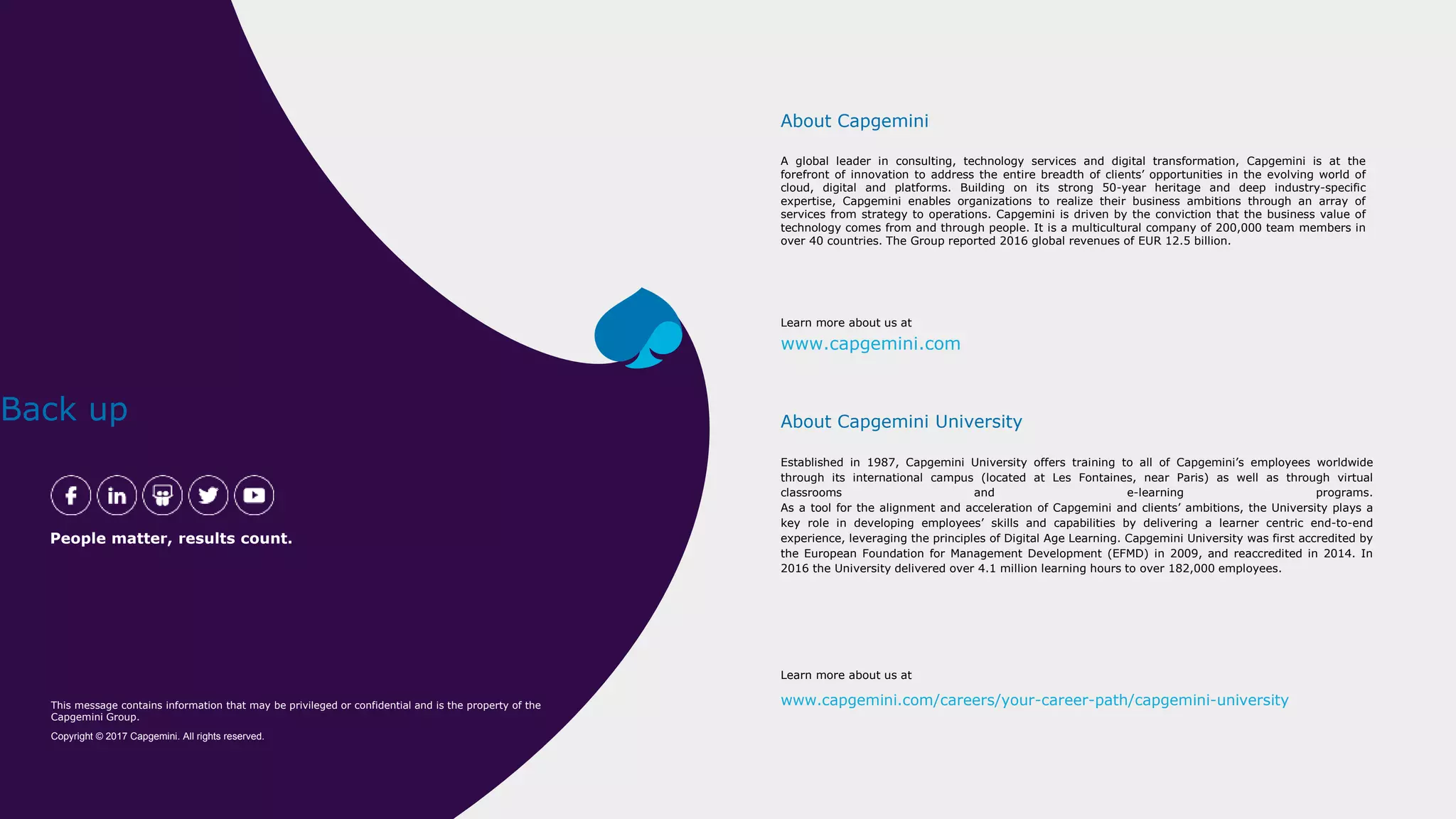 12© 2018 Capgemini. All rights reserved.
A global leader in consulting, technology services and digital transformation, Capgemini is at the
forefront of innovation to address the entire breadth of clients’ opportunities in the evolving world of
cloud, digital and platforms. Building on its strong 50-year heritage and deep industry-specific
expertise, Capgemini enables organizations to realize their business ambitions through an array of
services from strategy to operations. Capgemini is driven by the conviction that the business value of
technology comes from and through people. It is a multicultural company of 200,000 team members in
over 40 countries. The Group reported 2016 global revenues of EUR 12.5 billion.
About Capgemini
Learn more about us at
www.capgemini.com
This message contains information that may be privileged or confidential and is the property of the
Capgemini Group.
Copyright © 2017 Capgemini. All rights reserved.
People matter, results count.
Established in 1987, Capgemini University offers training to all of Capgemini’s employees worldwide
through its international campus (located at Les Fontaines, near Paris) as well as through virtual
classrooms and e-learning programs.
As a tool for the alignment and acceleration of Capgemini and clients’ ambitions, the University plays a
key role in developing employees’ skills and capabilities by delivering a learner centric end-to-end
experience, leveraging the principles of Digital Age Learning. Capgemini University was first accredited by
the European Foundation for Management Development (EFMD) in 2009, and reaccredited in 2014. In
2016 the University delivered over 4.1 million learning hours to over 182,000 employees.
About Capgemini University
Learn more about us at
www.capgemini.com/careers/your-career-path/capgemini-university
Back up
 