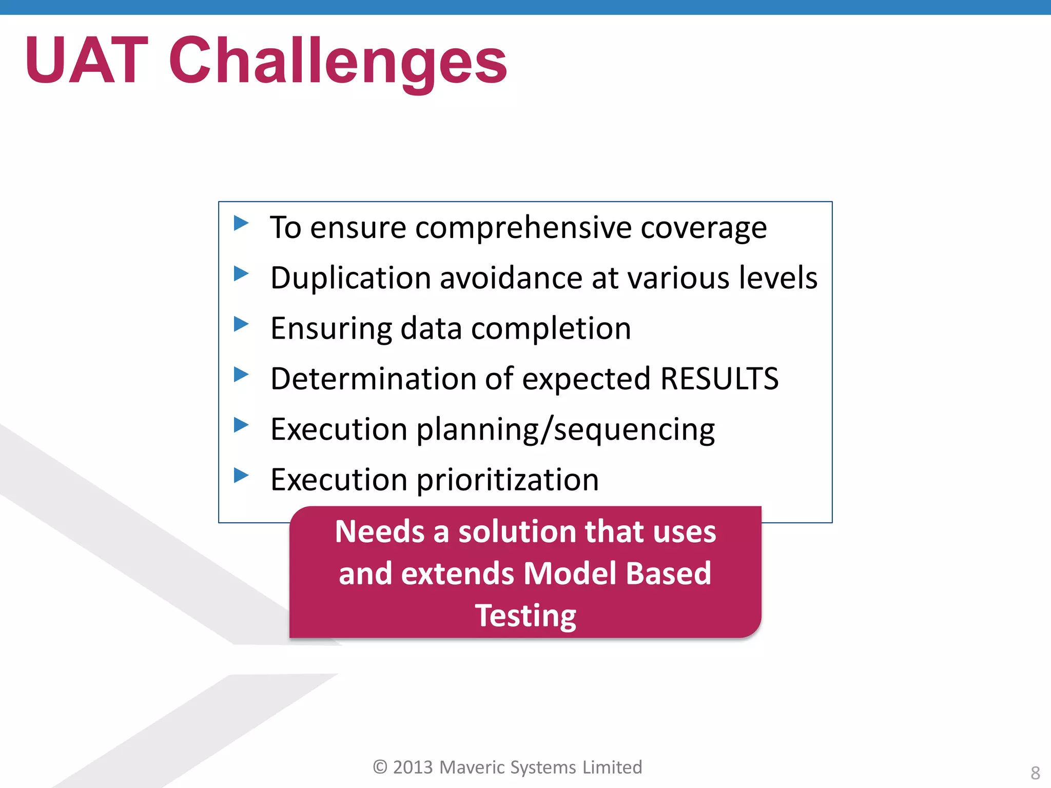 © 2013 Maveric Systems Limited 8
▸ To ensure comprehensive coverage
▸ Duplication avoidance at various levels
▸ Ensuring data completion
▸ Determination of expected RESULTS
▸ Execution planning/sequencing
▸ Execution prioritization
UAT Challenges
Needs a solution that uses
and extends Model Based
Testing
 