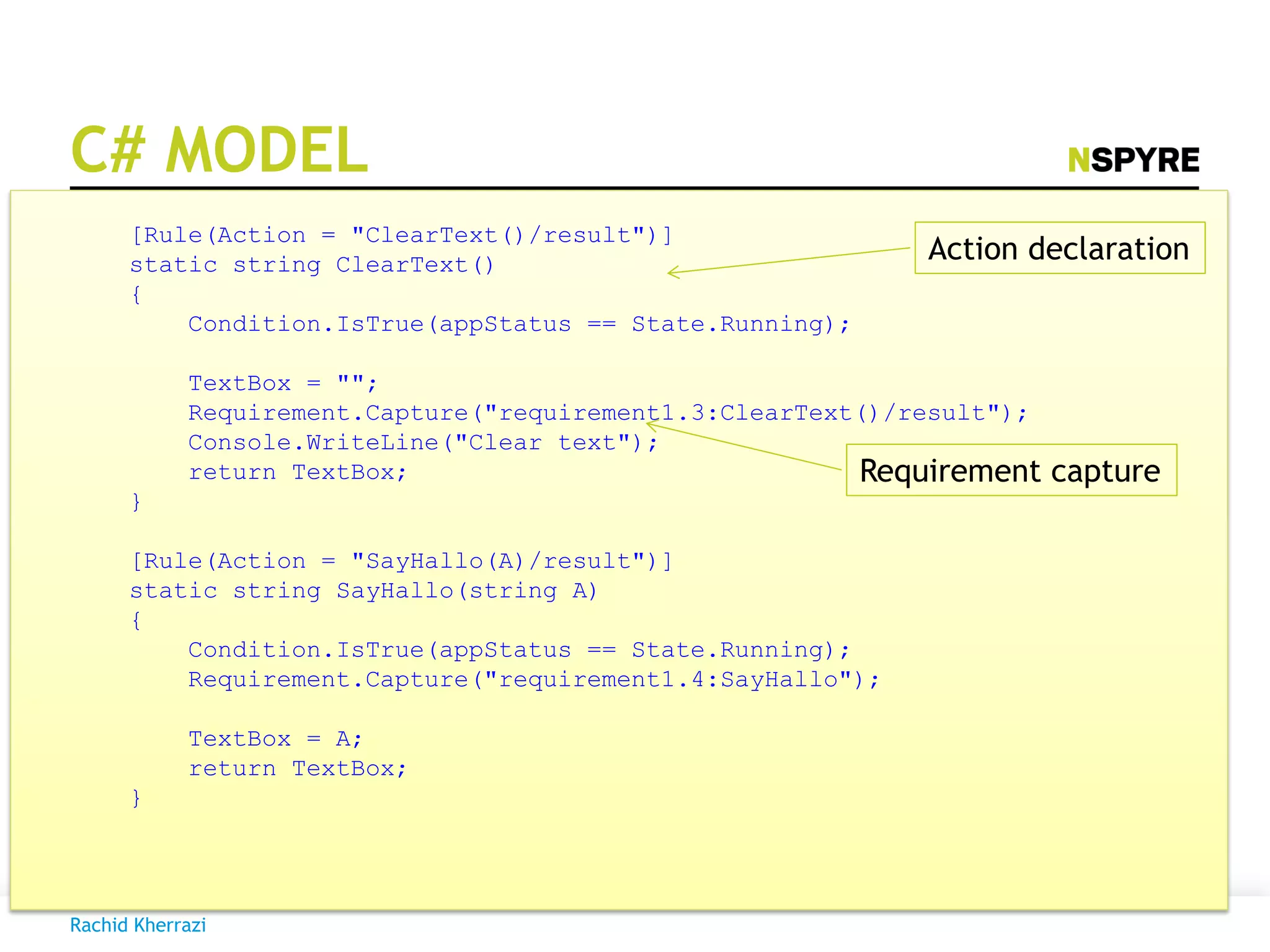 C# MODEL
[Rule(Action = "ClearText()/result")]
static string ClearText()
{
Condition.IsTrue(appStatus == State.Running);
TextBox = "";
Requirement.Capture("requirement1.3:ClearText()/result");
Console.WriteLine("Clear text");
return TextBox;
}
[Rule(Action = "SayHallo(A)/result")]
static string SayHallo(string A)
{
Condition.IsTrue(appStatus == State.Running);
Requirement.Capture("requirement1.4:SayHallo");
TextBox = A;
return TextBox;
}
Action declaration
Requirement capture
Rachid Kherrazi
 