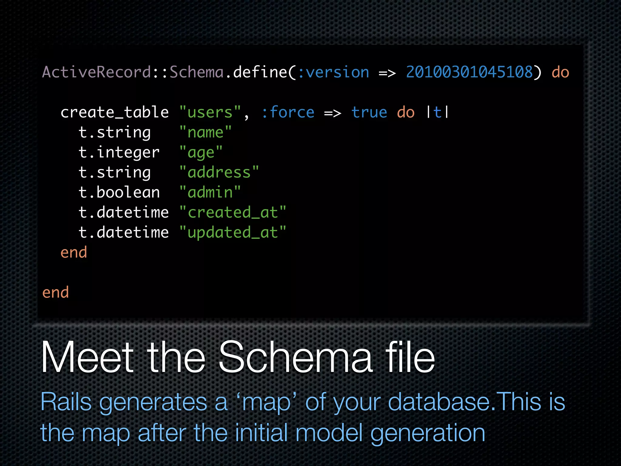 ActiveRecord::Schema.define(:version => 20100301045108) do create_table "users", :force => true do |t| t.string "name" t.integer "age" t.string "address" t.boolean "admin" t.datetime "created_at" t.datetime "updated_at" end end Meet the Schema ﬁle Rails generates a ‘map’ of your database.This is the map after the initial model generation 