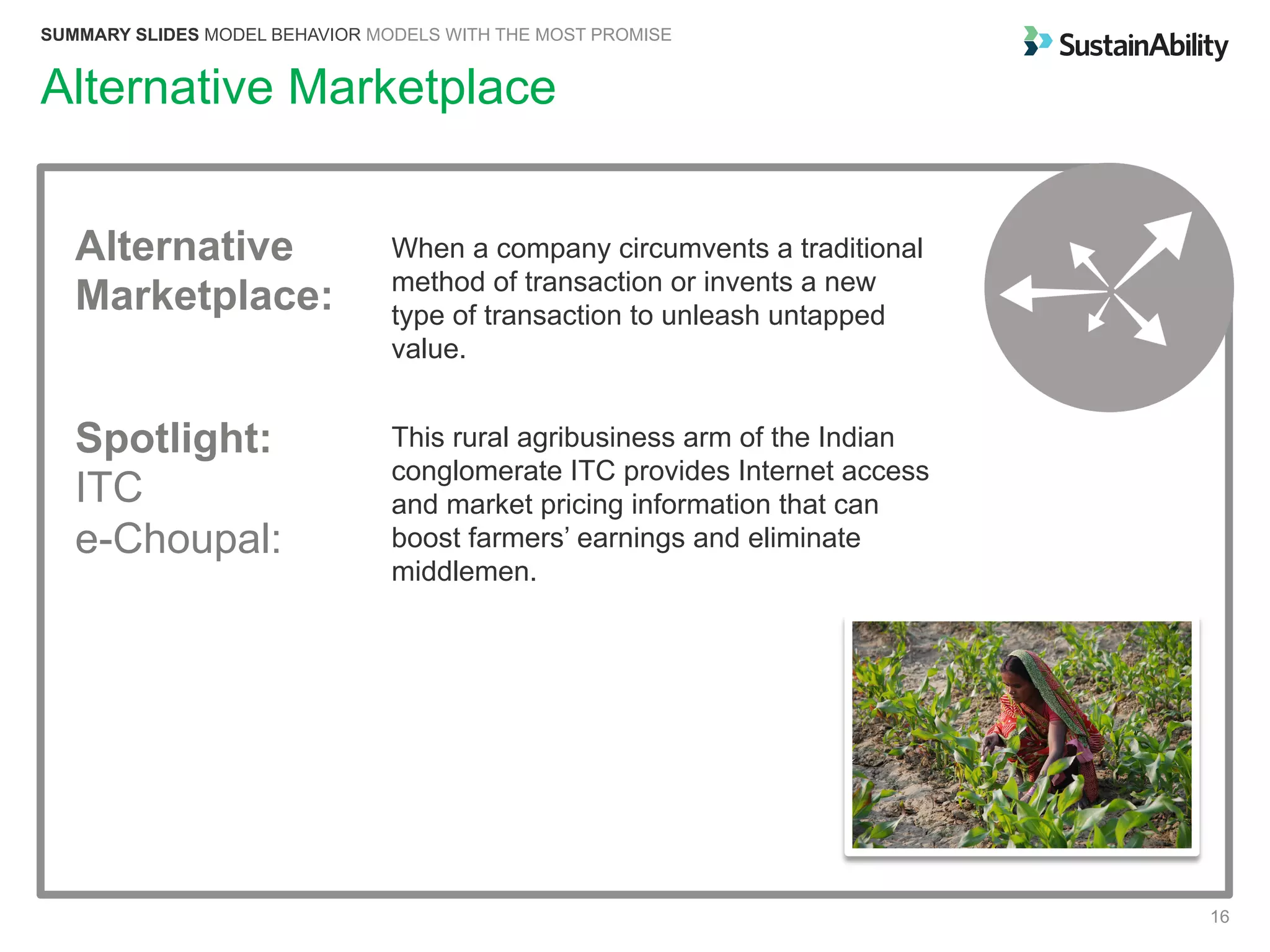 SUMMARY SLIDES MODEL BEHAVIOR MODELS WITH THE MOST PROMISE
16
Alternative Marketplace
Alternative
Marketplace:
When a company circumvents a traditional
method of transaction or invents a new
type of transaction to unleash untapped
value.
Spotlight:
ITC
e-Choupal:
This rural agribusiness arm of the Indian
conglomerate ITC provides Internet access
and market pricing information that can
boost farmers’ earnings and eliminate
middlemen.
 