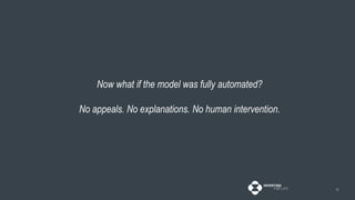 11
Now what if the model was fully automated?
No appeals. No explanations. No human intervention.
 