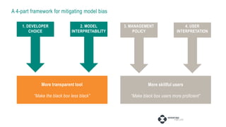 A 4-part framework for mitigating model bias
2. MODEL
INTERPRETABILITY
1. DEVELOPER
CHOICE
3. MANAGEMENT
POLICY
4. USER
INTERPRETATION
More transparent tool
“Make the black box less black”
More skillful users
“Make black box users more proficient”
 