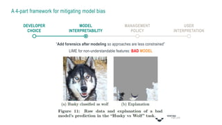 A 4-part framework for mitigating model bias
LIME for non-understandable features: BAD MODEL
“Add forensics after modeling so approaches are less constrained”
MODEL
INTERPRETABILITY
DEVELOPER
CHOICE
MANAGEMENT
POLICY
USER
INTERPRETATION
 
