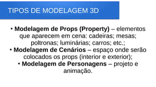 TIPOS DE MODELAGEM 3D
●
Modelagem de Props (Property) – elementos
que aparecem em cena: cadeiras; mesas;
poltronas; luminárias; carros; etc.;
●
Modelagem de Cenários – espaço onde serão
colocados os props (interior e exterior);
●
Modelagem de Personagens – projeto e
animação.
 
