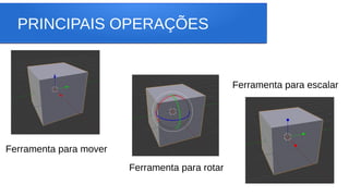 PRINCIPAIS OPERAÇÕES
Ferramenta para mover
Ferramenta para rotar
Ferramenta para escalar
 