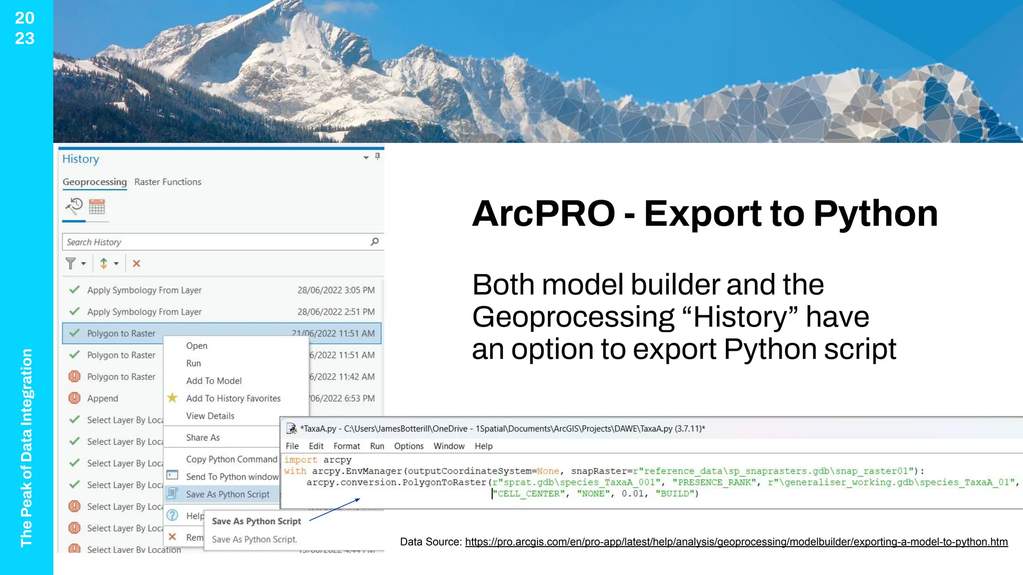 The
Peak
of
Data
Integration
20
23
ArcPRO - Export to Python
Both model builder and the
Geoprocessing “History” have
an option to export Python script
Data Source: https://pro.arcgis.com/en/pro-app/latest/help/analysis/geoprocessing/modelbuilder/exporting-a-model-to-python.htm
 