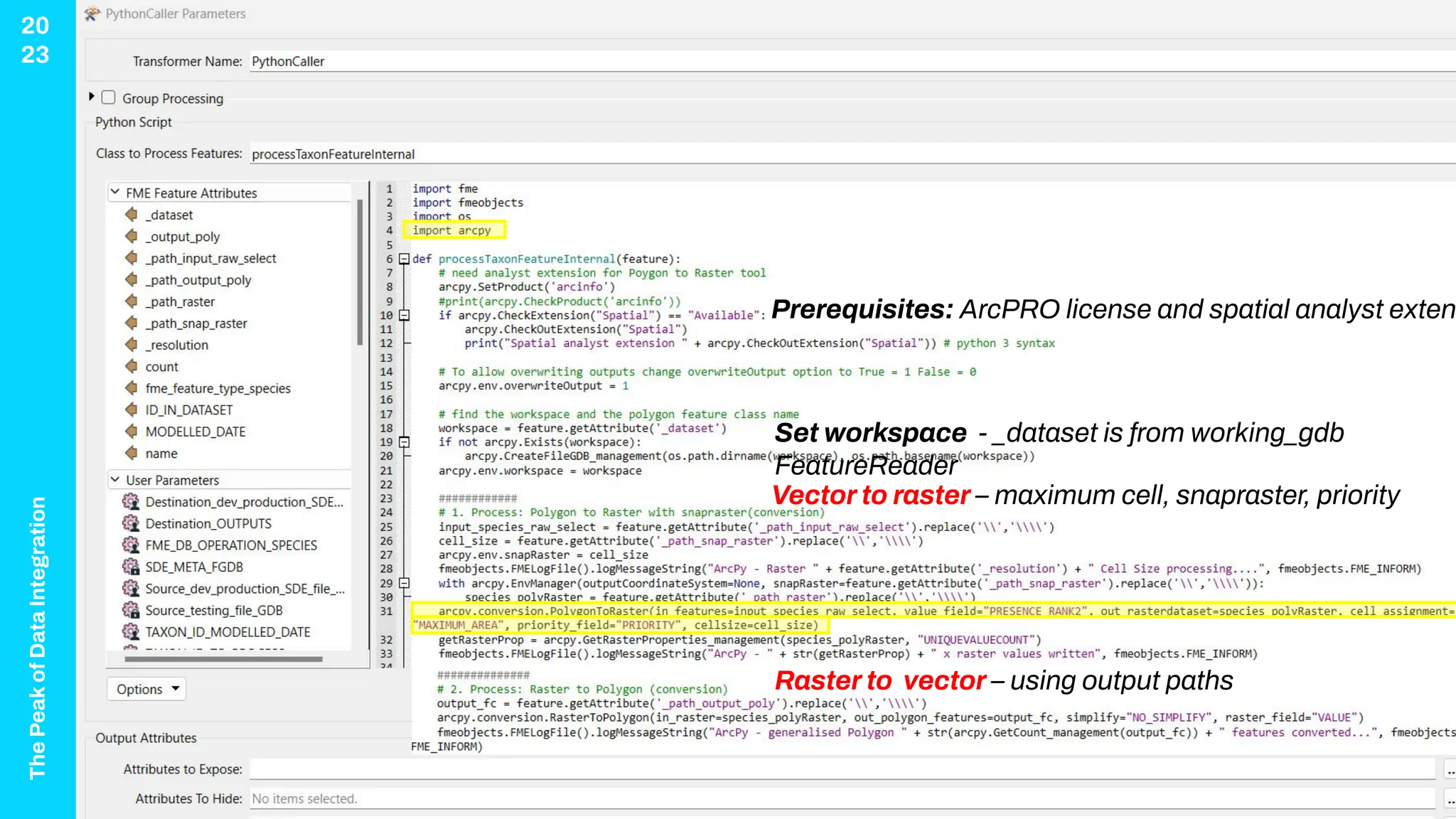 The
Peak
of
Data
Integration
20
23
Prerequisites: ArcPRO license and spatial analyst exten
Set workspace - _dataset is from working_gdb
FeatureReader
Vector to raster – maximum cell, snapraster, priority
Raster to vector – using output paths
 