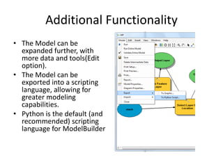 Additional Functionality
• The Model can be
  expanded further, with
  more data and tools(Edit
  option).
• The Model can be
  exported into a scripting
  language, allowing for
  greater modeling
  capabilities.
• Python is the default (and
  recommended) scripting
  language for ModelBuilder
 
