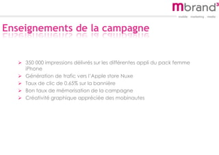 Enseignements de la campagne
 350 000 impressions délivrés sur les différentes appli du pack femme
iPhone
 Génération de trafic vers l’Apple store Nuxe
 Taux de clic de 0.65% sur la bannière
 Bon taux de mémorisation de la campagne
 Créativité graphique appréciée des mobinautes
 