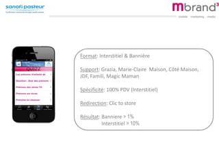 Format: Interstitiel & Bannière
Support: Grazia, Marie-Claire Maison, Côté Maison,
JDF, Famili, Magic Maman
Spécificité: 100% PDV (Interstitiel)
Redirection: Clic to store
Résultat: Banniere > 1%
Interstitiel > 10%