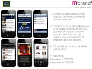  Contexte: Faire découvrir les
classes standards premier et
business premier.
 Objectifs: Inciter les mobinautes
à voyager en Eurostar business
premier et classes standard
premier. Montrer que ces
classes sont confortables et
proposes plus de services.
 Dispositifs: en format bannière
et interstitiel.
 Résultats:
Bannières: 0.59% CTR
Interstitiels: 8.75% CTR
 