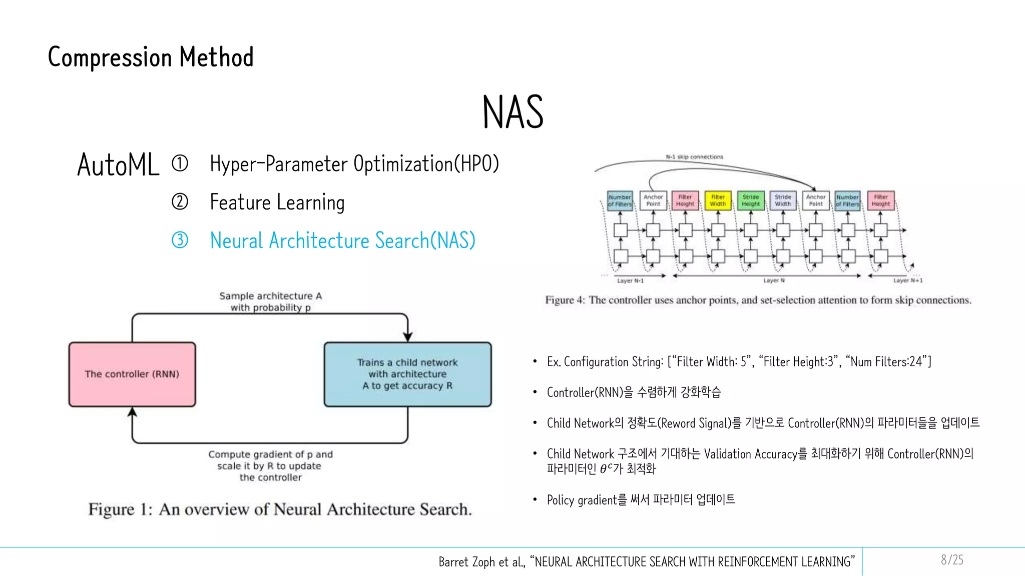 Compression Method
NAS
① Hyper-Parameter Optimization(HPO)
② Feature Learning
③ Neural Architecture Search(NAS)
AutoML
Barret Zoph et al., “NEURAL ARCHITECTURE SEARCH WITH REINFORCEMENT LEARNING”
• Ex. Configuration String: [“Filter Width: 5”, “Filter Height:3”, “Num Filters:24”]
• Controller(RNN)을 수렴하게 강화학습
• Child Network의 정확도(Reword Signal)를 기반으로 Controller(RNN)의 파라미터들을 업데이트
• Child Network 구조에서 기대하는 Validation Accuracy를 최대화하기 위해 Controller(RNN)의
파라미터인 𝜃𝑐
가 최적화
• Policy gradient를 써서 파라미터 업데이트
8/25
 