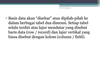 • Basis data akan “disebar” atau dipilah-pilah ke
dalam berbagai tabel dua dimensi. Setiap tabel
selalu terdiri atas lajur mendatar yang disebut
baris data (row / record) dan lajur vertikal yang
biasa disebut dengan kolom (column / field).
Created By Kelompok 1
 