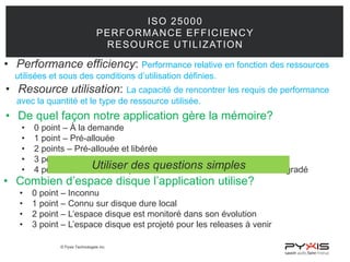 © Pyxis Technologies inc.
ISO 25000
PERFORMANCE EFFICIENCY
RESOURCE UTILIZATION
• Performance efficiency: Performance relative en fonction des ressources
utilisées et sous des conditions d’utilisation définies.
• Resource utilisation: La capacité de rencontrer les requis de performance
avec la quantité et le type de ressource utilisée.
• De quel façon notre application gère la mémoire?
• 0 point – À la demande
• 1 point – Pré-allouée
• 2 points – Pré-allouée et libérée
• 3 points – Pré-allouée et optimisée
• 4 points – Pré-allouée, optimisée et alerte de tomber en mode dégradé
• Combien d’espace disque l’application utilise?
• 0 point – Inconnu
• 1 point – Connu sur disque dure local
• 2 point – L’espace disque est monitoré dans son évolution
• 3 point – L’espace disque est projeté pour les releases à venir
Utiliser des questions simples
 