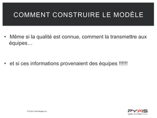 © Pyxis Technologies inc.
COMMENT CONSTRUIRE LE MODÈLE
• Même si la qualité est connue, comment la transmettre aux
équipes…
• et si ces informations provenaient des équipes !!!!!!
 