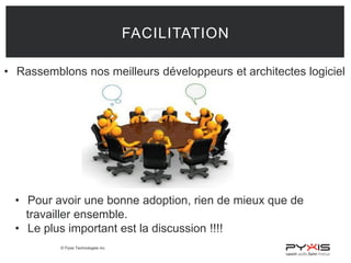 © Pyxis Technologies inc.
FACILITATION
• Rassemblons nos meilleurs développeurs et architectes logiciel
• Pour avoir une bonne adoption, rien de mieux que de
travailler ensemble.
• Le plus important est la discussion !!!!
 