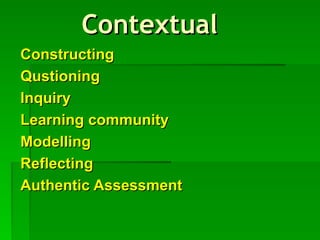 Contextual
Contextual
Constructing
Constructing
Qustioning
Qustioning
Inquiry
Inquiry
Learning community
Learning community
Modelling
Modelling
Reflecting
Reflecting
Authentic Assessment
Authentic Assessment
 