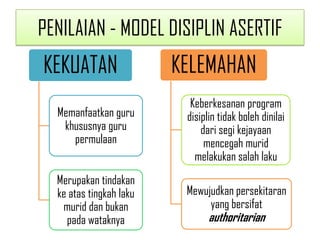 PENILAIAN - MODEL DISIPLIN ASERTIF
KEKUATAN                 KELEMAHAN
                           Keberkesanan program
  Memanfaatkan guru       disiplin tidak boleh dinilai
   khususnya guru             dari segi kejayaan
     permulaan                 mencegah murid
                            melakukan salah laku
  Merupakan tindakan
  ke atas tingkah laku    Mewujudkan persekitaran
   murid dan bukan             yang bersifat
    pada wataknya               authoritarian
 