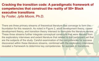 Cracking the transition code: A paradigmatic framework of
competencies that construct the reality of 50+ Black
executive transitions
by Foster, Jylla Moore, Ph.D.
There are three primary streams of theoretical literature that converge to form the
foundation for this research. As noted in Figure 2, adult development theory, career
development theory, and transition theory intersect to formulate the literature review.
These three streams further integrate conceptual constructs that were derived from
the exploratory interviews and extant literature that related to this participant set that
are the subjects of the study. Careful examination of the competencies for success
discovered within these literature streams, combined with the exploratory interviews,
revealed a framework to determine key competencies for success in transitions.
 