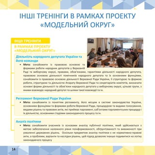 14
Діяльність народного депутата України та
його команди
•	 Мета: ознайомити із правовою основою та
формами роботи народних депутатів у Верховній
Раді та виборчому окрузі, правами, обов’язками, гарантіями діяльності народного депутата,
правовою основою діяльності помічників народного депутата та їх основними функціями,
ознайомити із правовою основою діяльності Верховної Ради України, її структурою та формою
роботи, структурою та діяльністю Апарату Верховної Ради та секретаріатів комітетів, визначити
основні форми діяльності та обов’язки народного депутата у виборчому окрузі, цільові групи, з
якими взаємодіє народний депутат та шляхи такої взаємодії та ін.
Регламент Верховної Ради України
•	 Мета: ознайомити із поняттям регламенту, його місцем в системі законодавства України,
основними функціями та формами роботи Верховної Ради, процедурою та видами голосування,
видами рішень та правових актів, які приймає парламент, суб’єктами парламентських процедур і
їх діяльністю, основними стадіями законодавчого процесу та ін.
Аналіз політики
•	 Мета: ознайомити учасників із основами аналізу публічної політики, який здійснюється з
метою забезпечення належного рівня поінформованості, обґрунтованості та виваженості при
ухваленні державних рішень. Оскільки предметом аналізу політики є не нормативно-правові
акти, а проблеми, варіанти та наслідки рішень, цей підхід дозволяє інакше подивитися на логіку
законодавчого процесу
ІНШІ ТРЕНІНГИ
В РАМКАХ ПРОЕКТУ
«МОДЕЛЬНИЙ ОКРУГ»
ІНШІ ТРЕНІНГИ В РАМКАХ ПРОЕКТУ
«МОДЕЛЬНИЙ ОКРУГ»
 