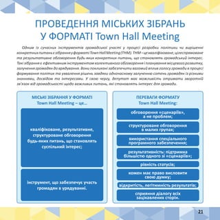 21
ПРОВЕДЕННЯ МІСЬКИХ ЗІБРАНЬ
У ФОРМАТІ Town Hall Meeting
Одним із сучасних інструментів громадської участі у процесі розробки політики чи вирішенні
конкретнихпитаньєзібранняуформатіTownHallMeeting(THM).THM–цекваліфіковане,цілеспрямоване
та результативне обговорення будь-яких конкретних питань, що становлять громадський інтерес.
Такізібранняє ефективнимінструментомколективногообговоренняіплануваннямісцевогорозвитку,
залучення громадян до врядування. Вони покликані забезпечити вагомий вплив голосу громади в процесі
формування політик та ухвалення рішень завдяки одночасному залученню сотень громадян із різними
знаннями, досвідом та інтересами. У свою чергу, депутат має можливість отримати зворотній
зв’язок від громадськості щодо важливих питань, які становлять інтерес для громади.
ПЕРЕВАГИ ФОРМАТУ
Town Hall Meeting:
МІСЬКІ ЗІБРАННЯ У ФОРМАТІ
Town Hall Meeting – це…
обговорення «сценаріїв»,
а не проблем;
структуроване обговорення
в малих групах;
використання спеціального
програмного забезпечення;
результативність: підтримка
більшістю одного зі «сценаріїв»;
рівність статусів;
кожен має право висловити
свою думку;
відкритість, легітимність результатів;
сприяння діалогу всіх
зацікавлених сторін.
кваліфіковане, результативне,
структуроване обговорення
будь-яких питань, що становлять
суспільний інтерес;
інструмент, що забезпечує участь
громадян в урядуванні.
 