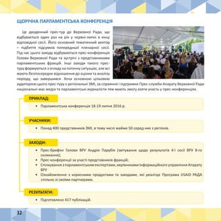 32
ЩОРІЧНА ПАРЛАМЕНТСЬКА КОНФЕРЕНЦІЯ
Це дводенний прес-тур до Верховної Ради, що
відбувається один раз на рік у червні-липні в кінці
відповідної сесії. Його основний тематичний вектор
– підбиття підсумків попередньої пленарної сесії.
Під час цього заходу відбуваються прес-конференція
Голови Верховної Ради та зустрічі з представниками
парламентських фракцій. Інші заходи такого прес-
туру формуються з огляду на поточну ситуацію, але всі
мають безпосереднє відношення до оцінки та аналізу
періоду, що завершився. Хоча основною цільовою
аудиторією цього прес-туру є регіональні ЗМІ, за сприяння і підтримки Прес-служби Апарату Верховної Ради
національні мас медіа та парламентські журналісти теж мають змогу взяти участь у прес-конференціях.
•	 Парламентська конференція 18-19 липня 2016 р.
ПРИКЛАД:
•	 Понад 400 представників ЗМІ, в тому числі майже 50 серед них з регіонів.
УЧАСНИКИ:
•	 Прес-брифінг Голови ВРУ Андрія Парубія (звітування щодо результатів 4-ї сесії ВРУ 8-го
скликання);
•	 Прес-конференції за участі представників фракцій;
•	 Спілкування з парламентським експертами, керівниками Інформаційного управління Апарату
ВРУ
•	 Ознайомлення з корисними продуктами та заходами, які реалізує Програма USAID РАДА
спільно зі своїми партнерами.
ЗАХОДИ:
•	 Підготовлено 417 публікацій.
РЕЗУЛЬТАТИ:
 