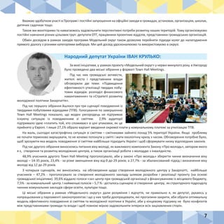 7
За моєї ініціативи, у рамках проекту «Модельний округ» у червні минулого року в Ужгороді
було проведено два міські зібрання у форматі Town Hall Meetings.
Під час них громадські активісти,
жителі міста і представники влади
обговорили дві теми: «Підвищення
ефективності утилізації твердих побу-
тових відходів: розподіл фінансового
навантаження» та «Стратегії розвитку
молодіжної політики Закарпаття».
Під час першого зібрання йшлося про три сценарії поводження із
твердими побутовими відходами (ТПВ). Голосування по завершенню
Town Hall Meetings показало, що жоден ужгородець не підтримав
існуючу ситуацію із поводженням зі сміттям. 2,9% аудиторії
підтримало ідею «платить той, хто споживає» в ціні упаковки, як це
прийнято у Європі. І лише 27,1% обрало варіант введення окремої плати у комунальному платежі за утилізацію ТПВ.
На жаль, сьогодні катастрофічна ситуація зі сміттям – смітниками зайнято понад 5% території України. Якщо проблему
не почати терміново вирішувати, то не хочемо потонути у смітті і мати екологічну кризу з часом. Обговорення потрібне було,
щоб зрозуміти яка модель поводження зі сміттям найбільше підходить Україні і щоб сформувати низку відповідних законів.
Під час другого зібрання виносились питання віку молоді, як важливого компонента Закону «Про молодь», автором якого
я є, створення та розвитку молодіжних центрів, а також організації роботи з молоддю з інвалідністю.
48,9% учасників другого Town Hall Meeting проголосувало, аби у законі «Про молодь» зберегти чинне визначення віку
молоді – 14-35 років, 23,4% - за різке зменшення віку від 0 до 29 років; а 27,7% - за збалансований підхід і визначення віку
молоді від 12 до 29 років.
З чотирьох сценаріїв, які виносились на обговорення щодо створення молодіжного центру у Закарпатті, найбільше
учасників – 47,2% - проголосувало за створення молодіжного закладу шляхом розробки і реалізації проекту (на основі
громадської ініціативи). 39,6% віддало голоси «за» центр при громадській організації з фінансуванням із місцевого бюджету,
7,5% - за комунальний центр. І найменше голосів – 5,7 % - дісталось сценарію зі створення центру, як структурного підрозділу
чинних комунальних закладів сфери освіти, культури тощо.
Ці міські зібрання у рамках «Модельного округу» дали розуміння і відчуття, чи правильно я, як депутат, рухаюсь у
напрацьованих у парламенті законопроектах і що у них треба доопрацювати, які прогалини закрити, аби обрати оптимальну
модель ефективного поводження зі сміттям та молодіжної політики в Україні, аби у кінцевому підсумку не було конфліктів
між представниками громади та влади і щоб повною мірою задовольнити інтереси всіх зацікавлених сторін.
Народний депутат України ІВАН КРУЛЬКО:
Вважаю здобутком участі в Програмі і постійні запрошення на офіційні заходи в громадах, установах, організаціях, школах,
дитячих садочках тощо.
Також ми моніторимо та намагаємось задовільнити перспективні потреби розвитку наших територій. Тому організовуємо
постійні навчання різних цільових груп: депутати ОТГ, працівники проектних відділів, представники громадських організацій.
Обмін досвідом в рамках заходів програми Модельний округ також дозволив перейняти підходи колег до налагодження
прямого діалогу з різними категоріями виборців. Ми цей досвід удосконалюємо та використовуємо в окрузі.
 