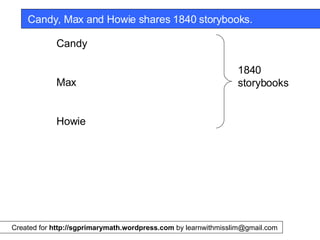 Candy Max Howie 1840 storybooks Created for  http://sgprimarymath.wordpress.com  by learnwithmisslim@gmail.com  Candy, Max and Howie shares 1840 storybooks. 