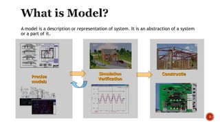 A model is a description or representation of system. It is an abstraction of a system
or a part of it.
3
Precise
models
Simulation
Verification
Constructie
 