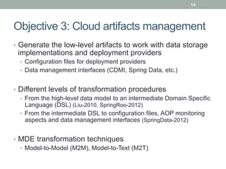 14




Objective 3: Cloud artifacts management
•  Generate the low-level artifacts to work with data storage
 implementations and deployment providers
  •  Configuration files for deployment providers
  •  Data management interfaces (CDMI, Spring Data, etc.)


•  Different levels of transformation procedures
   •  From the high-level data model to an intermediate Domain Specific
      Language (DSL) (Liu-2010, SpringRoo-2012)
   •  From the intermediate DSL to configuration files, AOP monitoring
      aspects and data management interfaces (SpringData-2012)


•  MDE transformation techniques
   •  Model-to-Model (M2M), Model-to-Text (M2T)
 