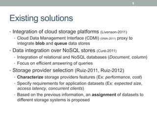 6




Existing solutions
•  Integration of cloud storage platforms (Livenson-2011)
    •  Cloud Data Management Interface (CDMI) (SNIA-2011) proxy to
       integrate blob and queue data stores
•  Data integration over NoSQL stores (Curé-2011)
   •  Integration of relational and NoSQL databases (Document, column)
   •  Focus on efficient answering of queries
•  Storage provider selection (Ruiz-2011, Ruiz-2012)
   •  Characterize storage providers features (Ex: performance, cost)
   •  Specify requirements for application datasets (Ex: expected size,
      access latency, concurrent clients)
   •  Based on the previous information, an assignment of datasets to
      different storage systems is proposed
 