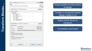 TransformBlocks…
Wizard guided transformation
of design
Creates a component based
design model in CX
Select which blocks to
transform
Completely automated
 