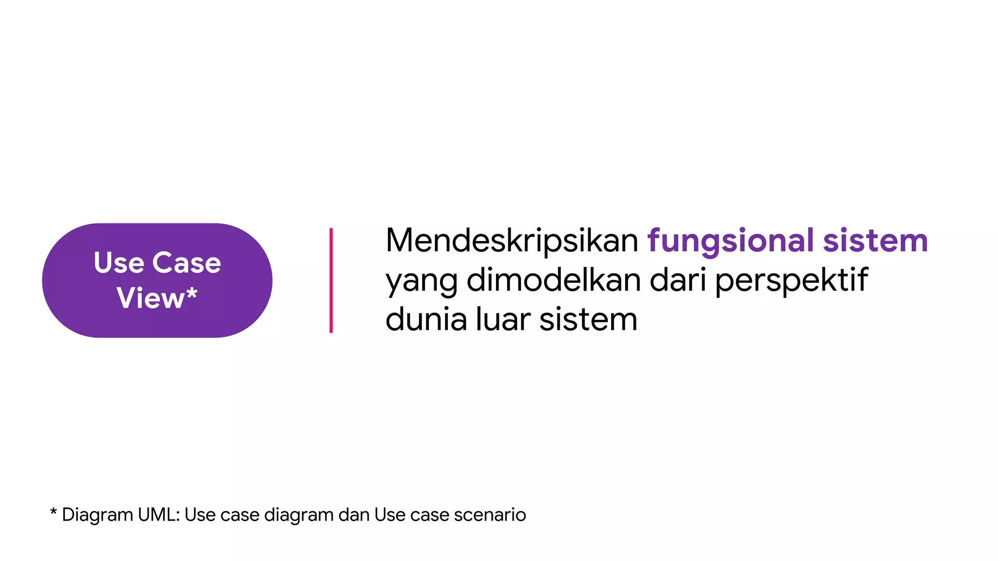 Use Case
View*
Mendeskripsikan fungsional sistem
yang dimodelkan dari perspektif
dunia luar sistem
* Diagram UML: Use case diagram dan Use case scenario
 