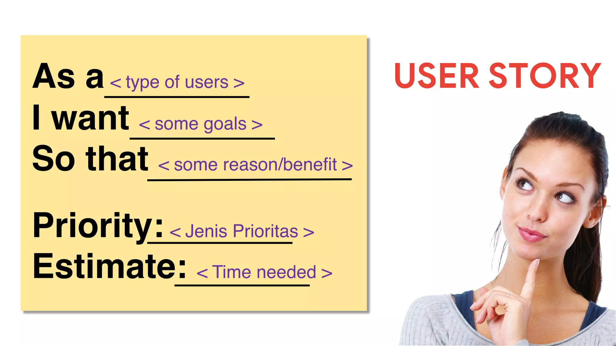 As a < type of users >
I want < some goals >
So that < some reason/benefit >
Priority: < Jenis Prioritas >
Estimate: < Time needed >
USER STORY
 