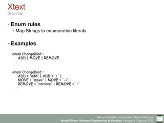 Marco Brambilla, Jordi Cabot, Manuel Wimmer.
Model-Driven Software Engineering In Practice. Morgan & Claypool 2012.
Xtext
Grammar
§ Enum rules
§ Map Strings to enumeration literals
§ Examples
enum ChangeKind :
  ADD | MOVE | REMOVE
;
enum ChangeKind :
  ADD = 'add' | ADD = '+' | 
  MOVE = 'move' | MOVE = '->' | 
  REMOVE = 'remove' | REMOVE = '-'
;
 